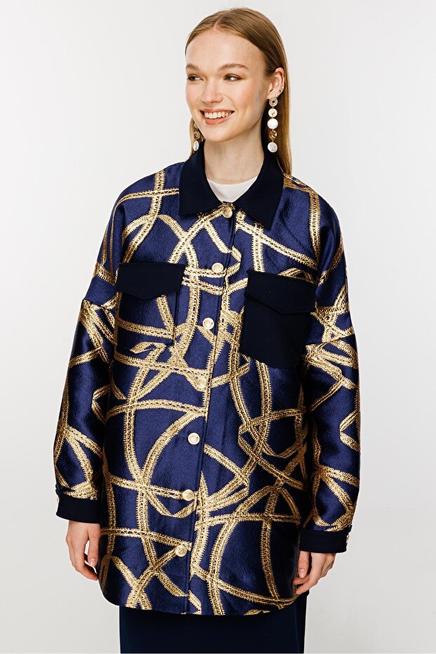 سترة جاكار باللون الأزرق الداكن - 6