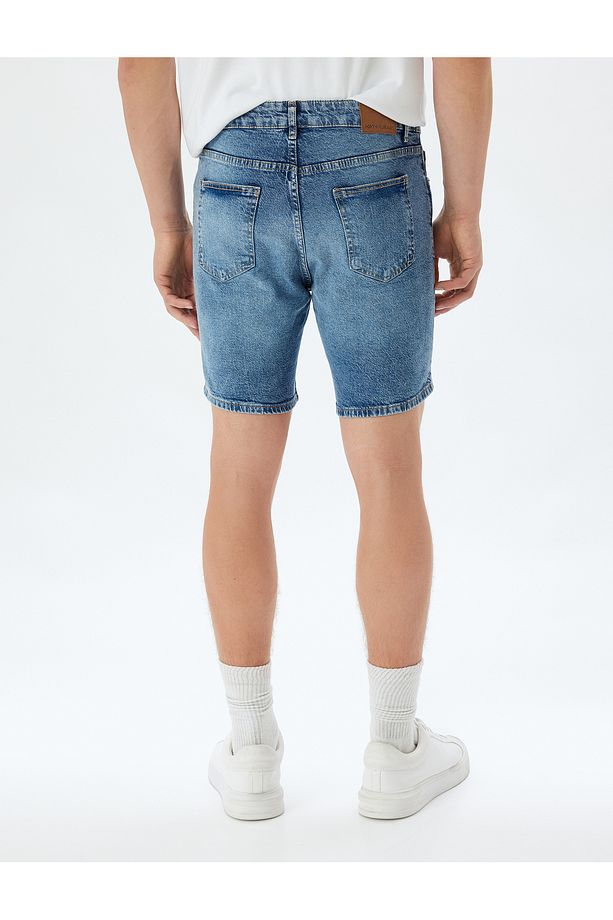 Slim Fit Kot Şort Bermuda Cepli Yıpratma Detaylı Pamuklu - 4