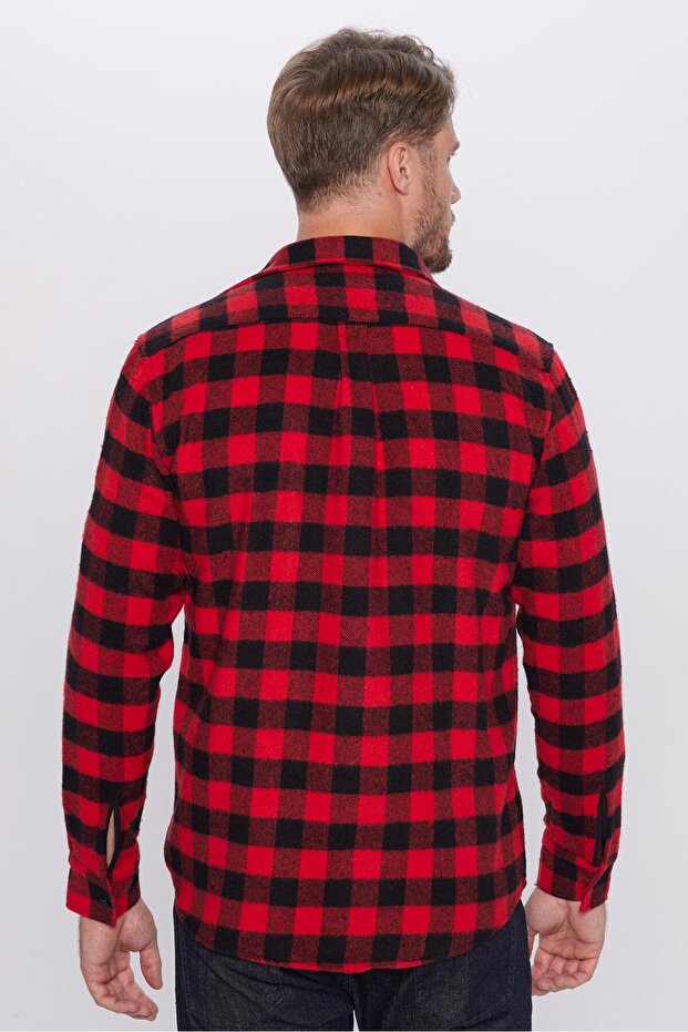 Erkek Regular Fit Klasik Kesim Oduncu Tek Cepli Kareli Kışlık Gömlek - 5