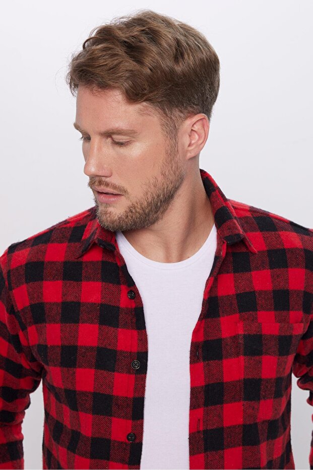 Erkek Regular Fit Klasik Kesim Oduncu Tek Cepli Kareli Kışlık Gömlek - 1