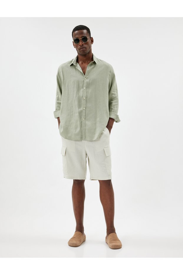 Linen Blend Shorts Cargo Bermuda with Lace-Up Waist and Pocket Detail