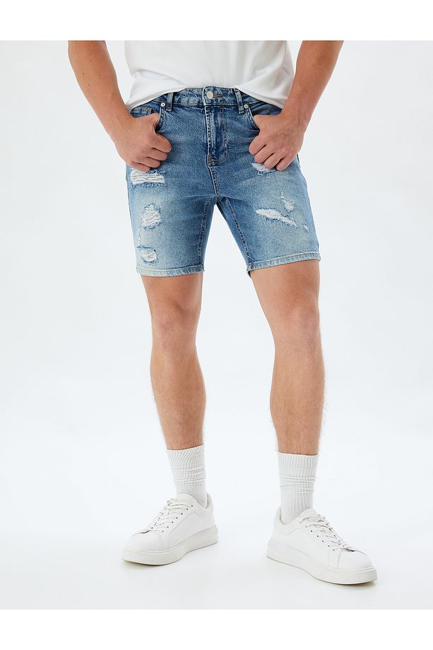 Slim Fit Kot Şort Bermuda Cepli Yıpratma Detaylı Pamuklu - 3