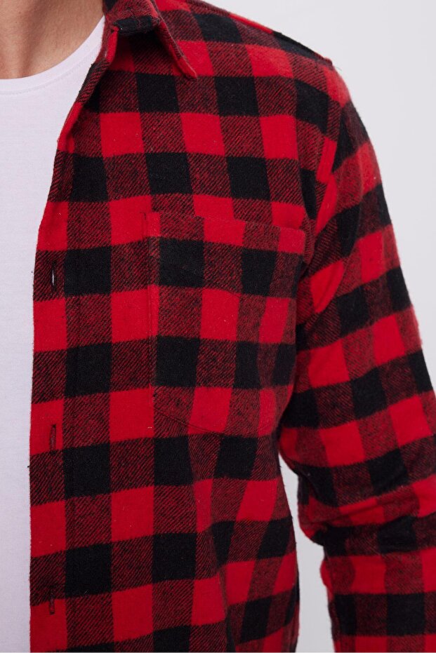 Erkek Regular Fit Klasik Kesim Oduncu Tek Cepli Kareli Kışlık Gömlek - 4