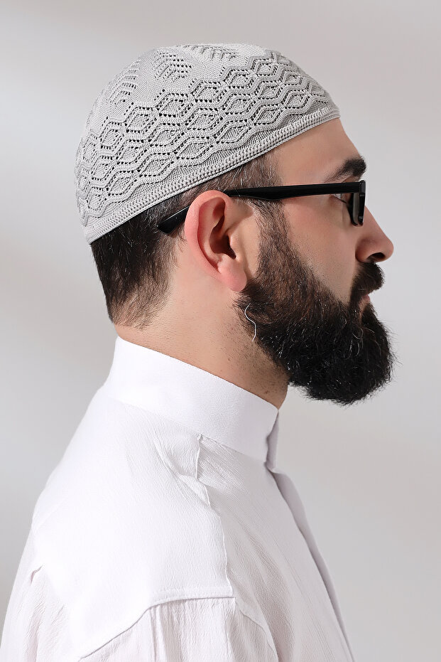 Embossed Pattern Braided Platinum Prayer Cap Gray - 4