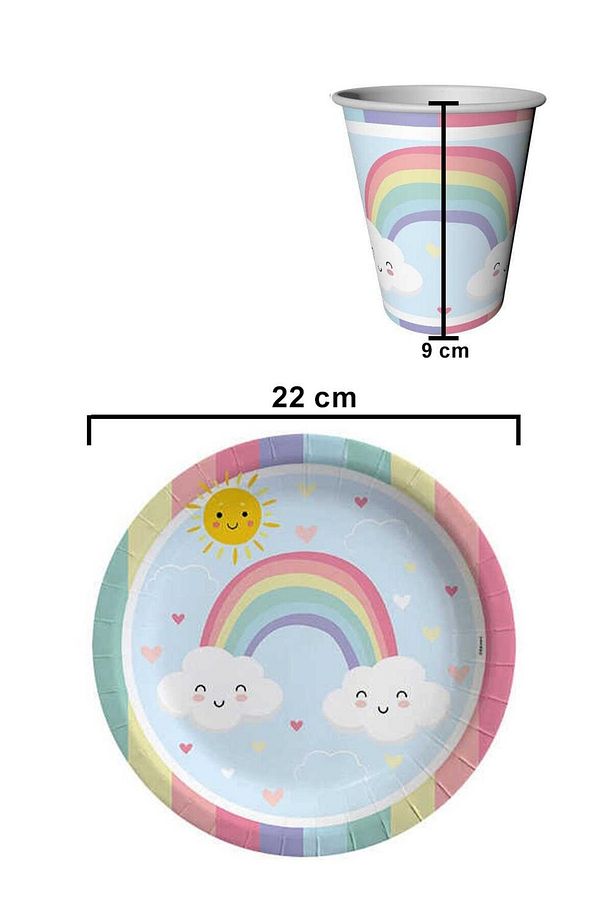 Çok Renkli Gökkuşağı 8'li Karton Bardak Tabak Set - 2