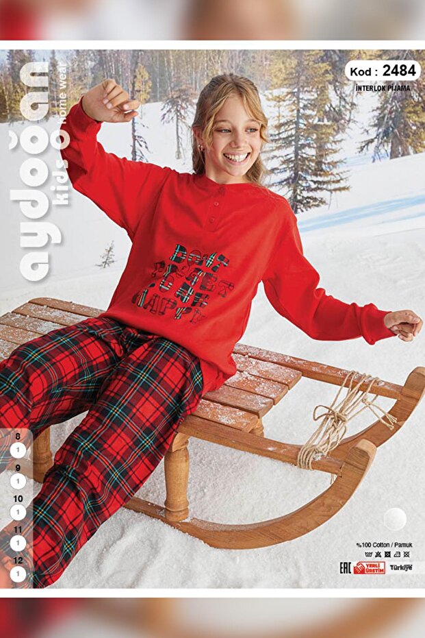 Kız Çocuk Ve Garson Kırmızı Ekoseli Yılbaşı Pijama Takımı – 100 Pamuklu Interlok Kumaş 8-12 Yaş - 2
