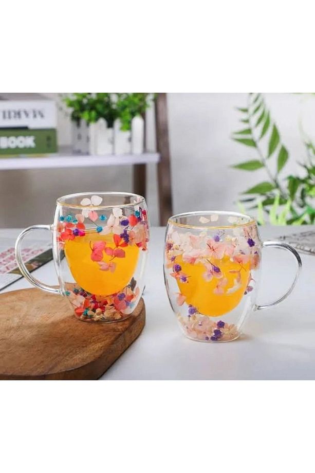 Kurutulmuş Çiçekli Bardak Camlı Çift Cidarlı Borosilikat Cam Bardak Kupa Fincan 250ml - 2