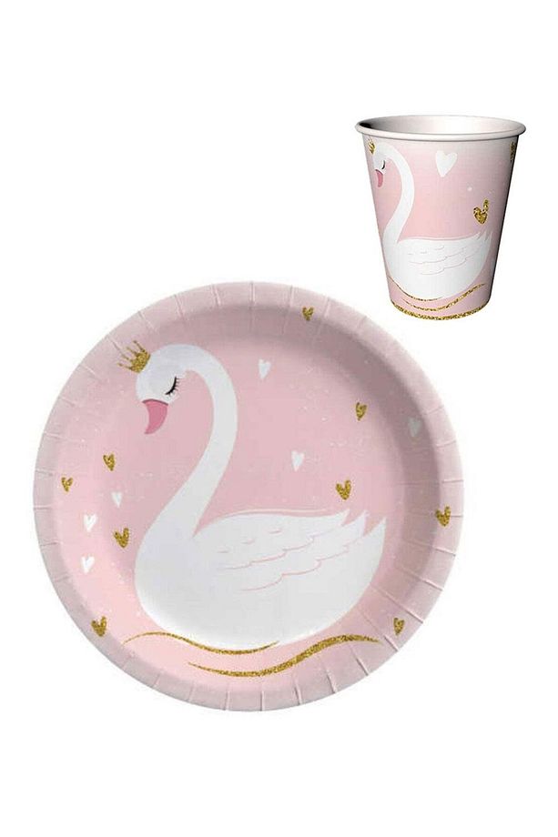 Pudra Kuğu 8'li Karton Bardak Tabak Set - 1