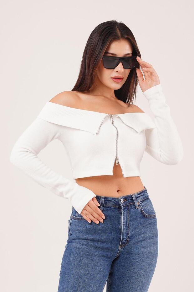 Zippered Open Shoulder White Cardigan Blouse