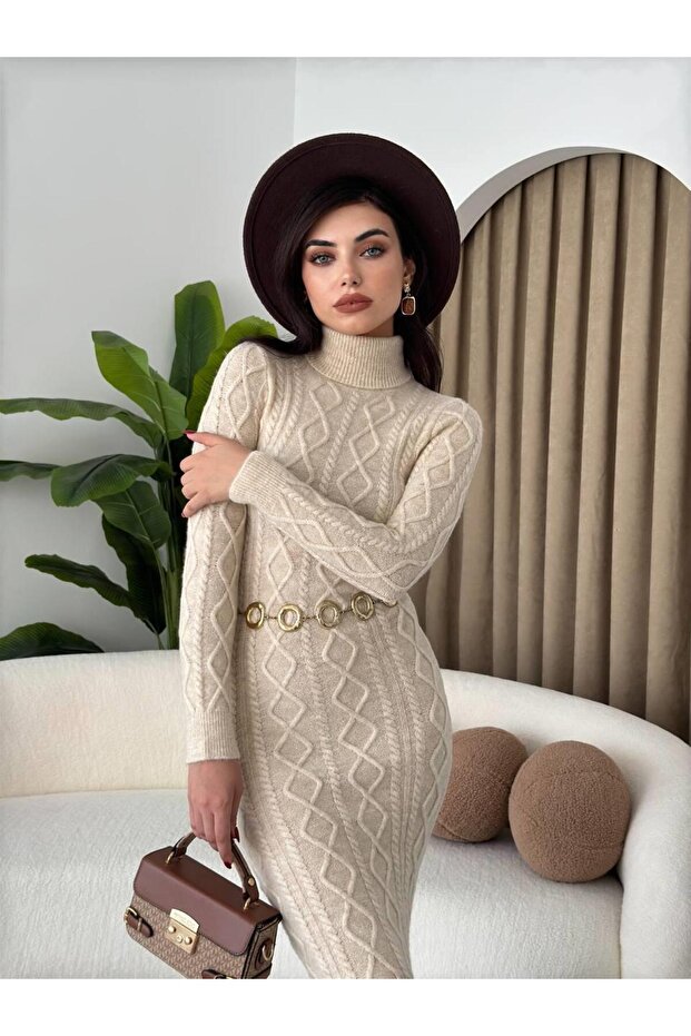 Boğazlı Uzun Triko Elbise - 6