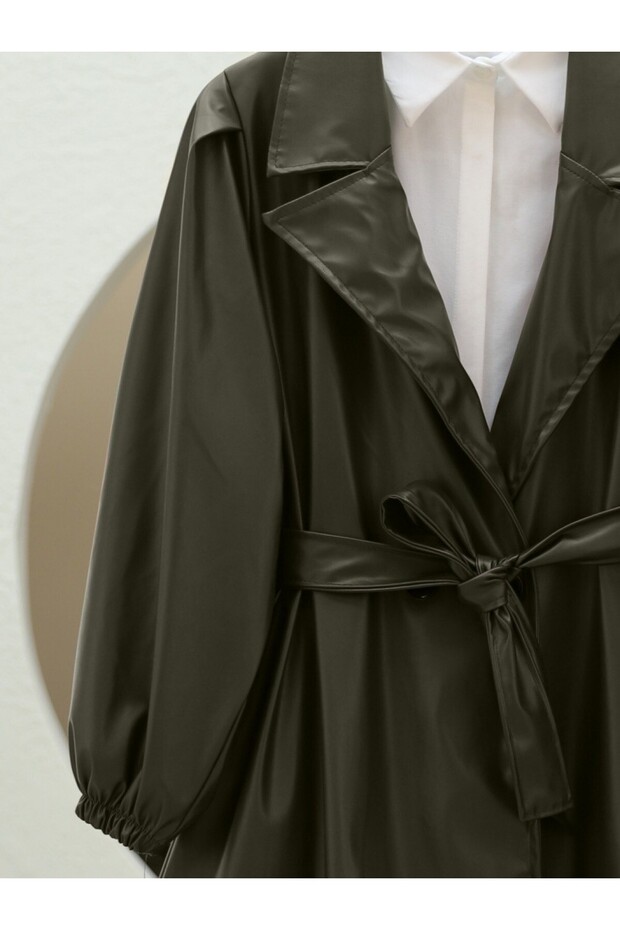 Double Pocket Buttoned Handle Elasticated Leather Cap - Khaki - 2