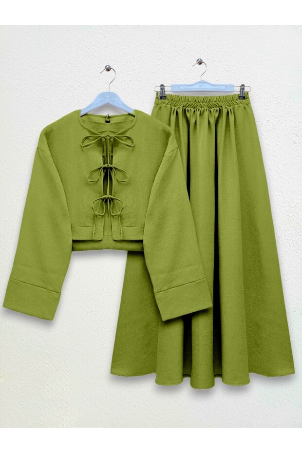 Front Double Tie Jacket Skirt Suit - Oil Green