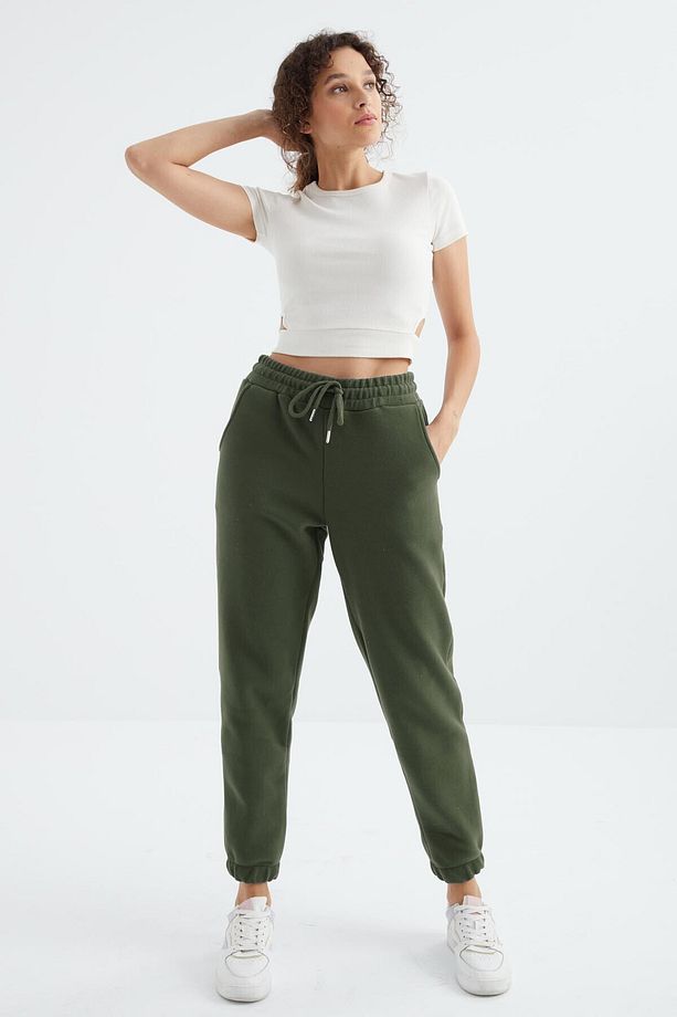 Çağla Yüksek Bel Basic Bağcıklı Jogger Polar Kadın Eşofman Alt - 94622 - 3