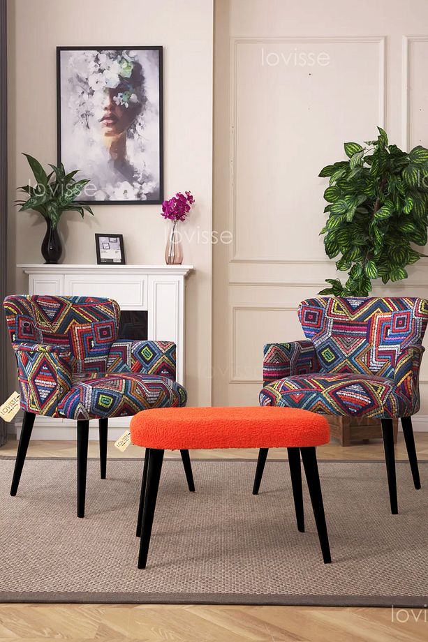 3lü Berjer Set Tekli Koltuk, Siyah Ayak + Bench  Balkon, Ofis, Bekleme, Güzellik Merkezi, Çay Seti - 3
