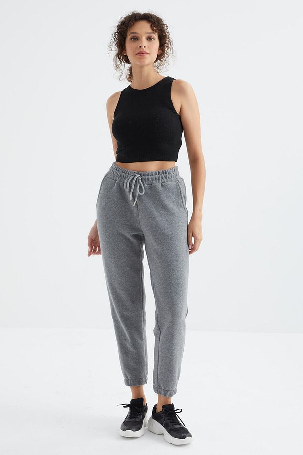 Gri Melanj Yüksek Bel Basic Bağcıklı Jogger Polar Kadın Eşofman Alt - 94622 - 7