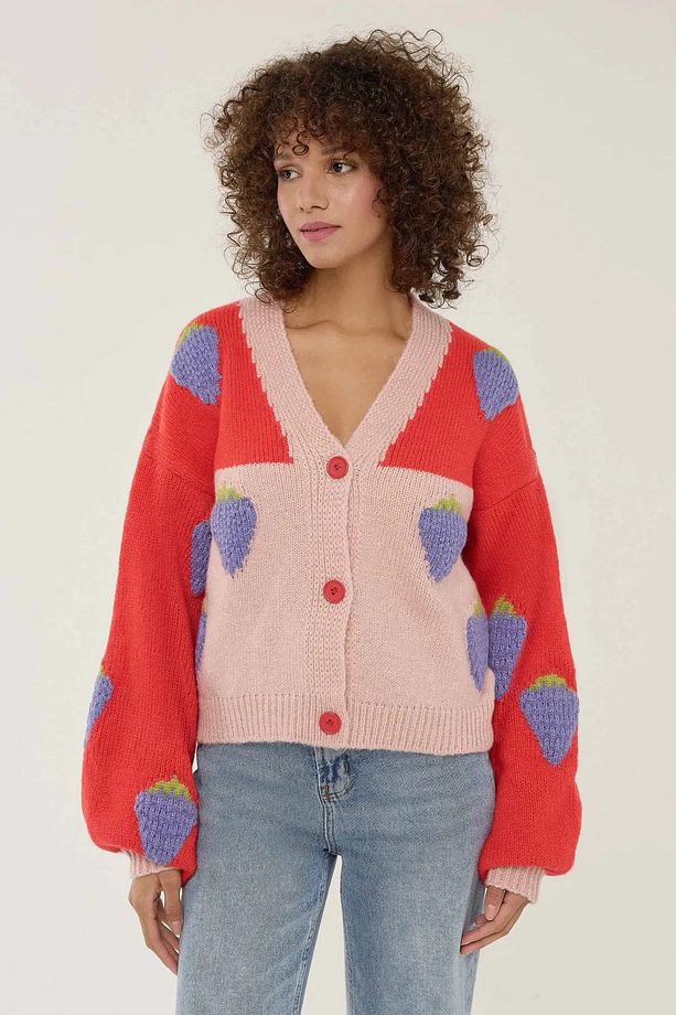 Oversized Çilek Desenli Hırka - 3