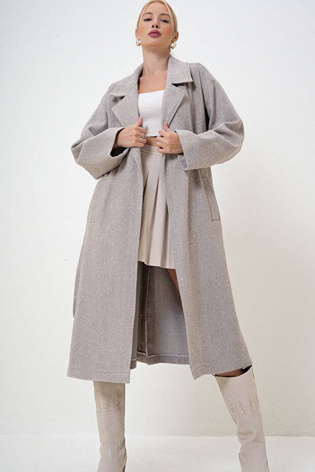 Alaçatı Stili Kadın Bej Çift Cepli Içi Astarsız Kendinden Kemerli Kaşe Kaban Prm1102 - 3