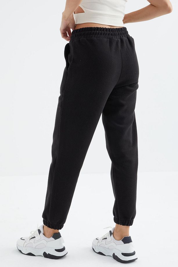 Siyah Yüksek Bel Basic Bağcıklı Jogger Polar Kadın Eşofman Alt - 94622 - 9