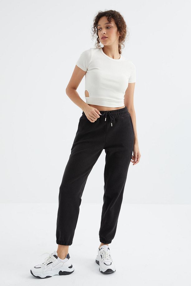Siyah Yüksek Bel Basic Bağcıklı Jogger Polar Kadın Eşofman Alt - 94622 - 4