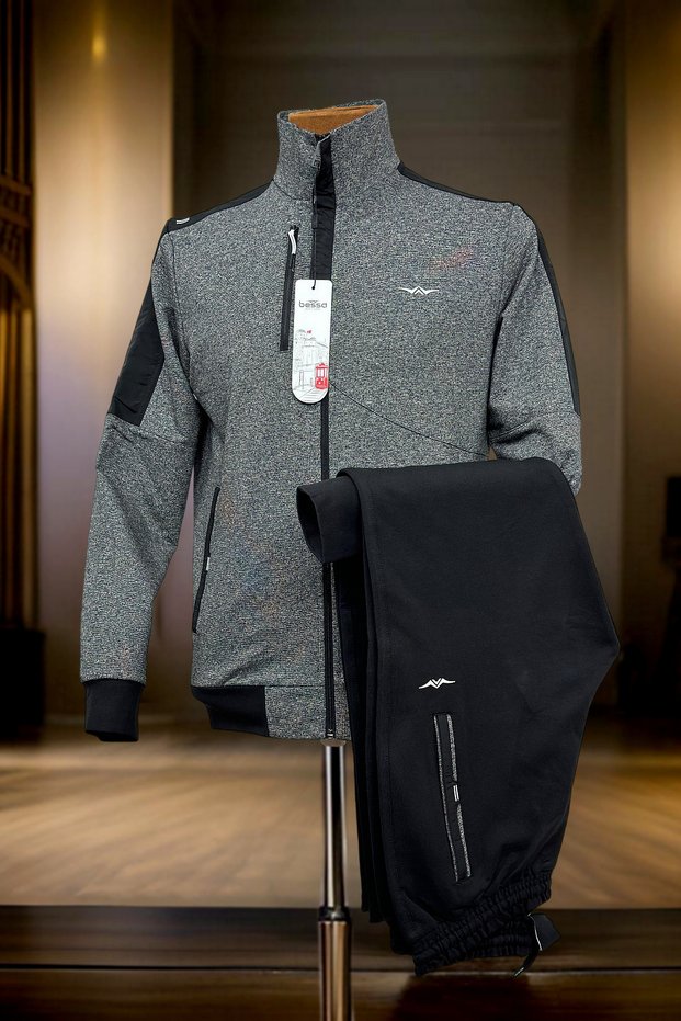 Smoked Stand Collar Seasonal Cotton 2 Thread Fabric Zipper Pocket Straight Leg Men's Tracksuit Set