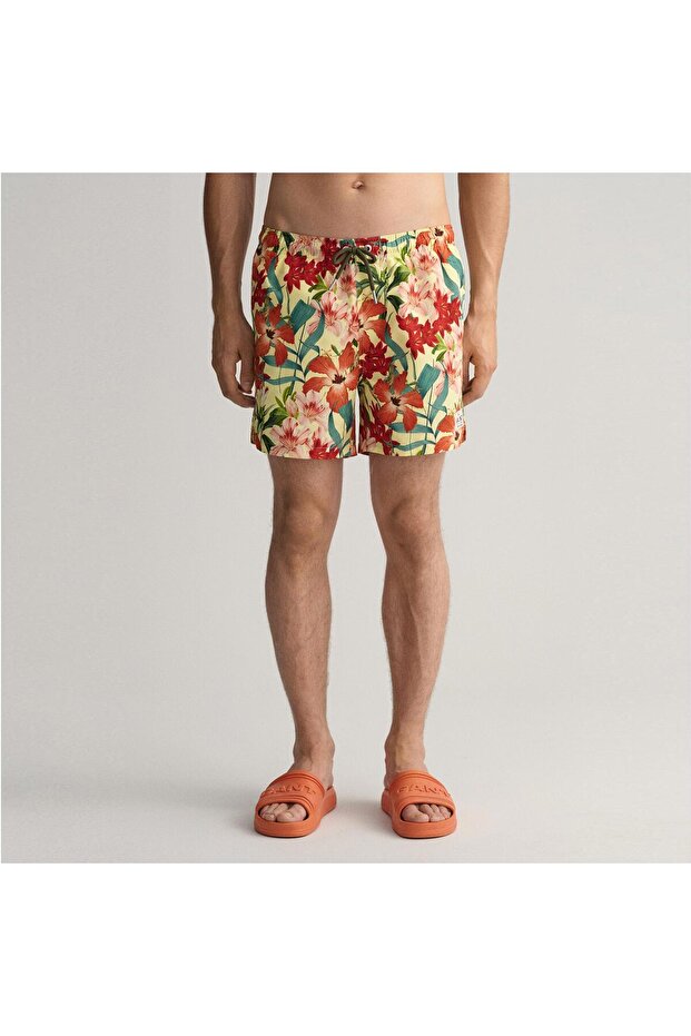 Erkek Sarı Classic Fit Desenli Mayo Şort - 4