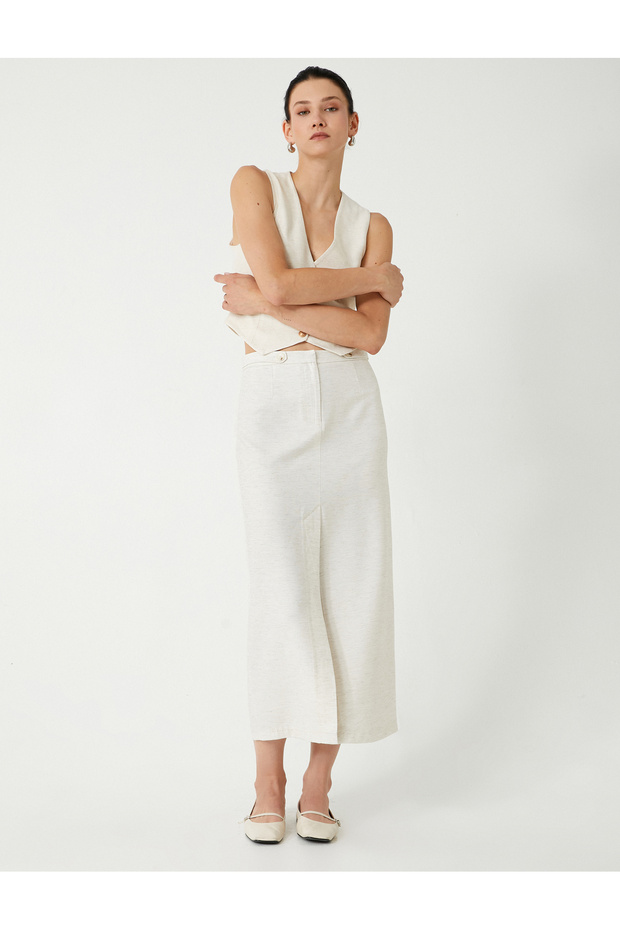 Linen Blend Long Skirt with Slit Detail A-Line