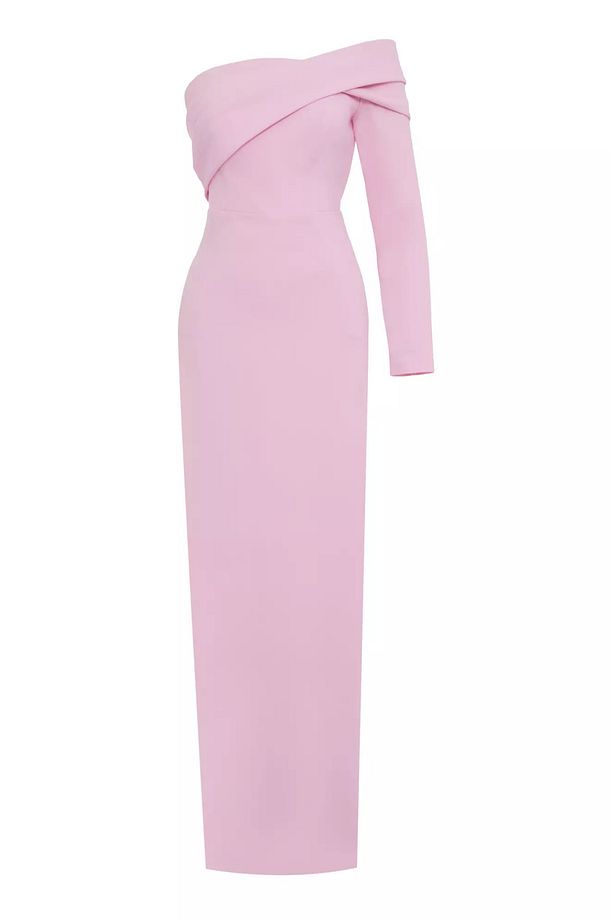 Pembe krep tek kol uzun elbise - 1