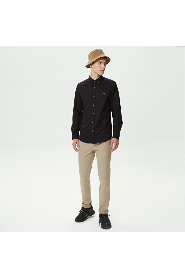 Erkek Slim Fit Düğmeli Yaka Siyah Gömlek - 3