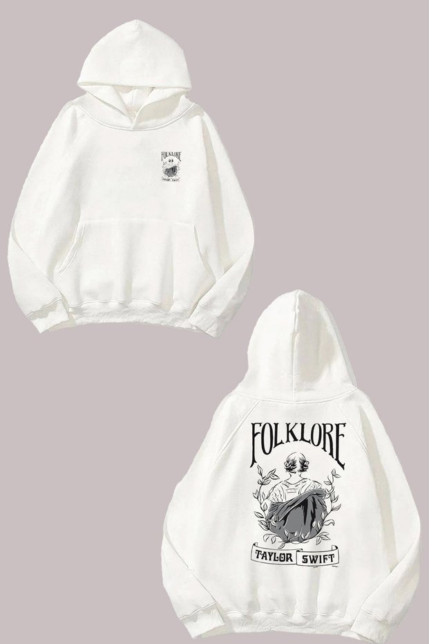 Unisex Taylor Swift Folklore Design Front and Back Printed Regular Fit White Sweatshirt