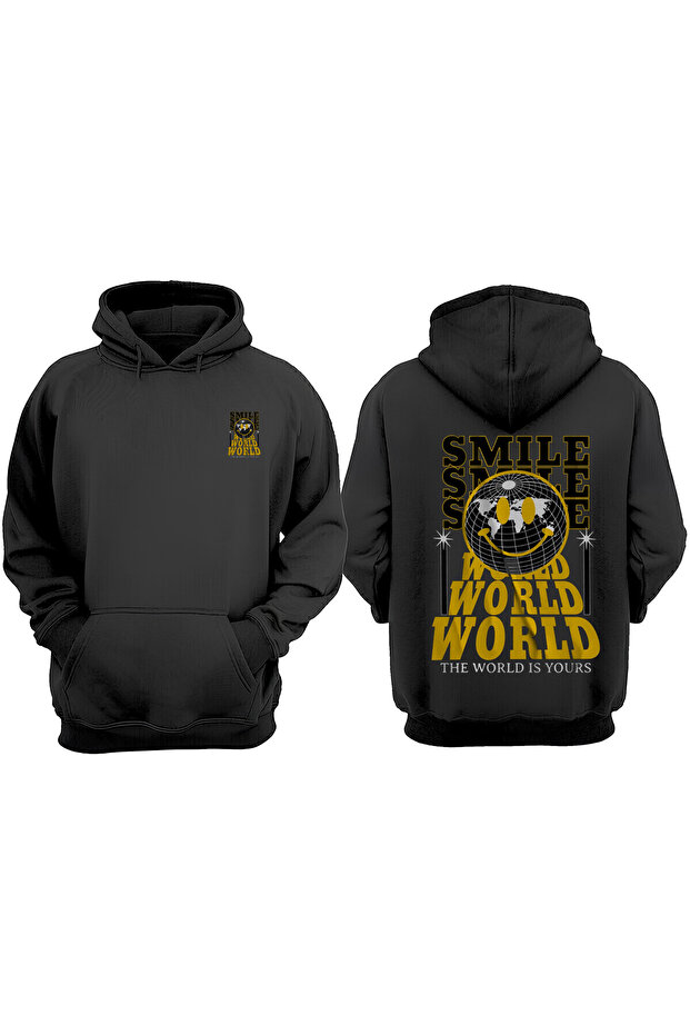 Unisex Smile World Design Front Back Printed Regular Fit Black Sweatshirt