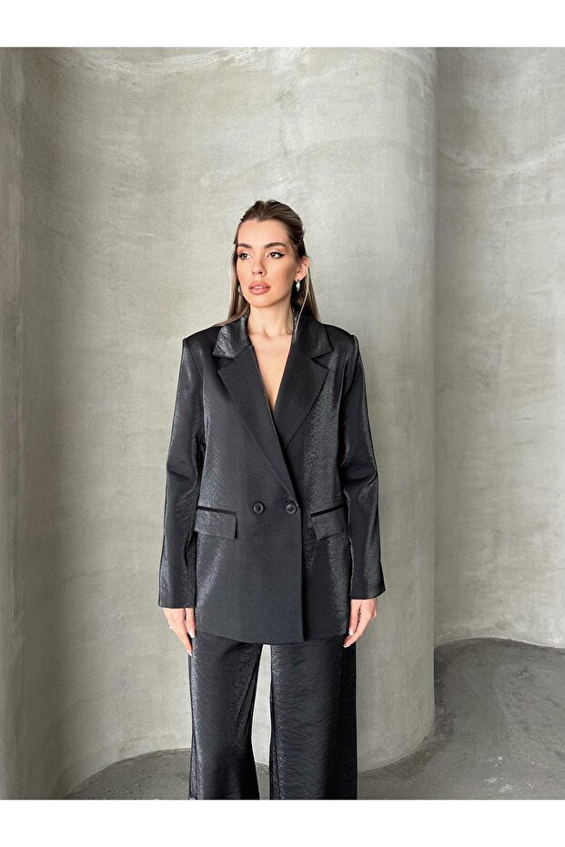 Black Linen Double Breasted Double Suit - Shiny - 1