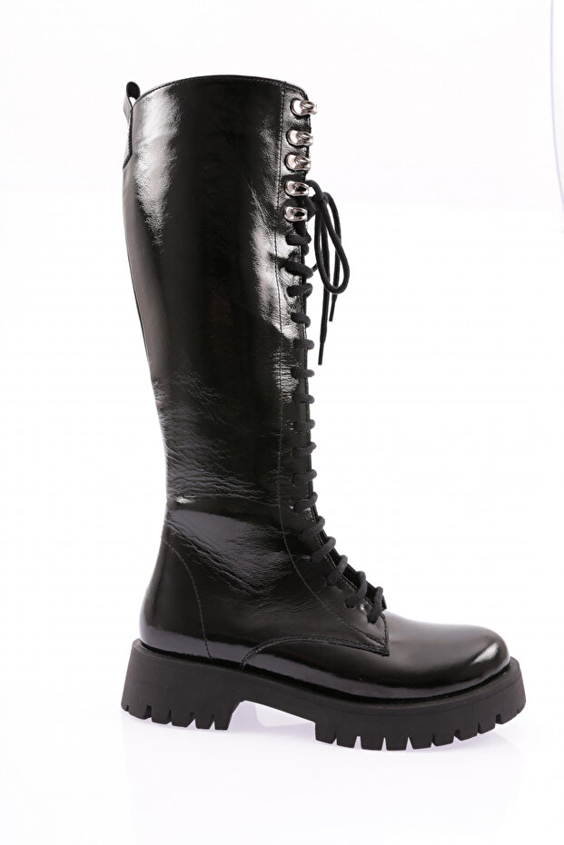 Women's Lace-Up Long Boots Black Patent Leather - 3262103