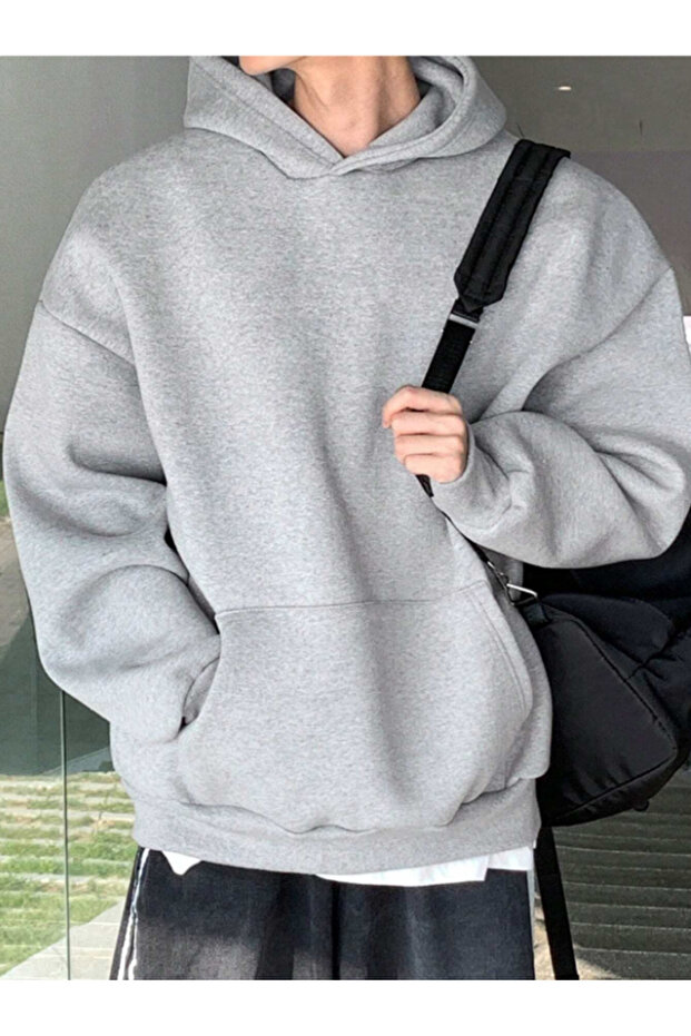 Düz Basic Kapüşonlu Unisex Oversize Sweatshirt - 1