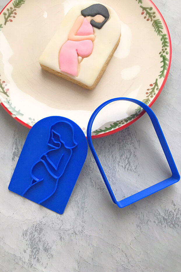 Framed Blue Pregnant Woman Dough Sculpture, Cookie Mold, Ceramic, Polymer Clay, 6X8 cm