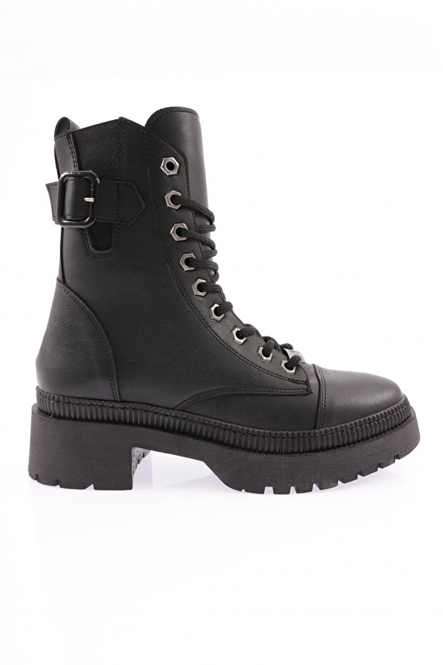 Women's Belt Detailed Lace up Boots Black 211013321027