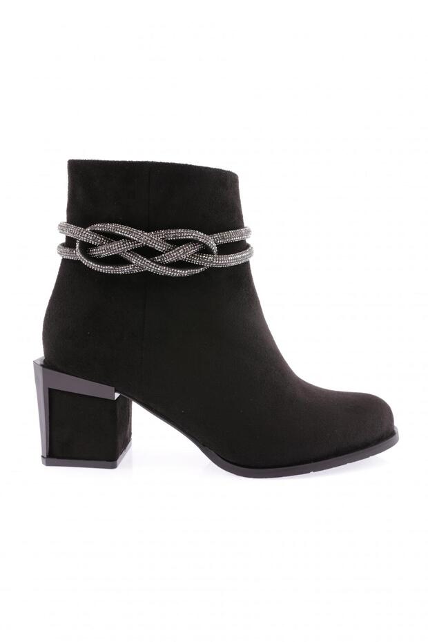 Women's Silvery Rope Detailed Heeled Boots Black Suede 910121033