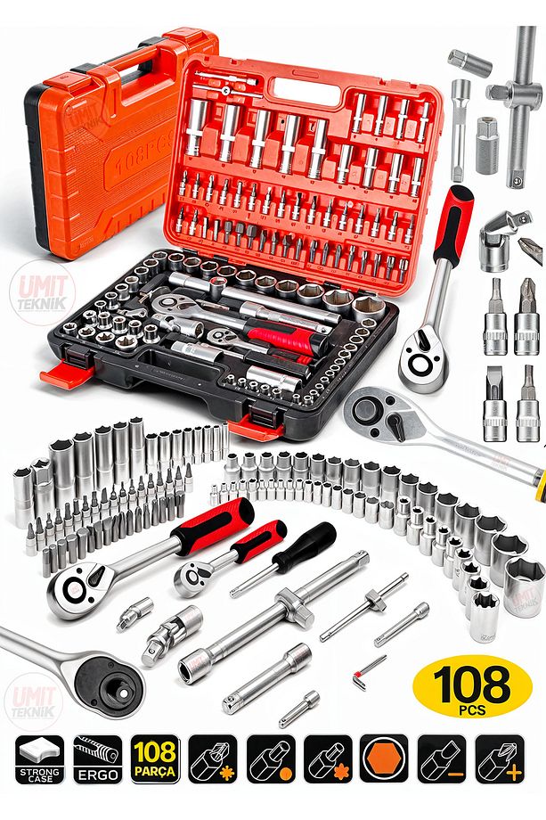 Valiz Çanta Cr-V Çeliği  108 Parça  1/2 Ve 1/4 Torx Cırcırlı Lokma Anahtar Takımı Bits Uç Full Set - 1