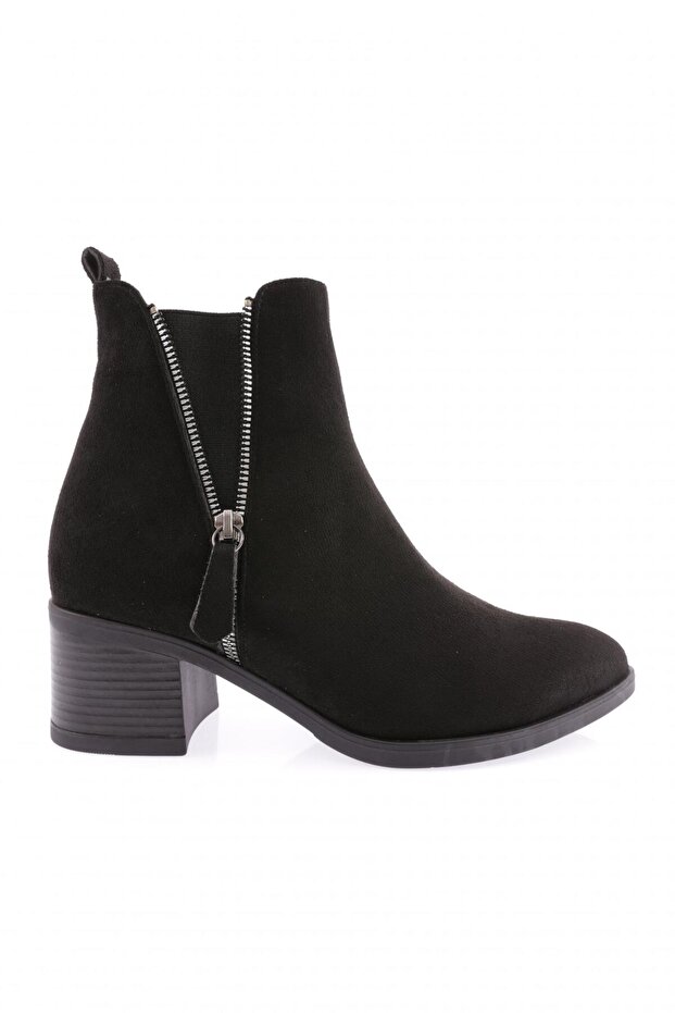 9009-2164-22K Women's Zippered Heeled Boots Black Suede
