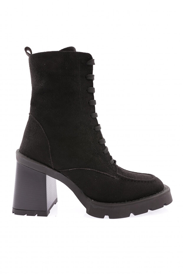 Round Toe Front Lace up Thick Sole Women's Heeled Boots Black Bouncer Suede 26553285