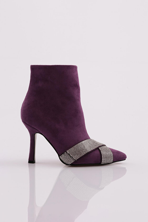 Cross Stone Detailed Women's Heeled Boots Purple 6836535