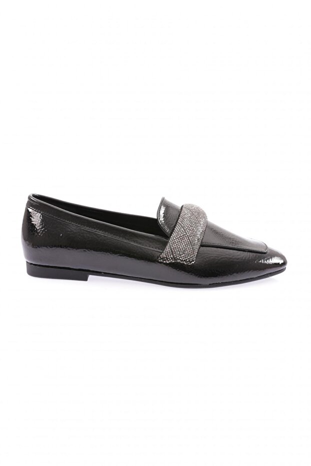 Black Patent Leather Loafer with Silver Stone Buckle - Women 61112534