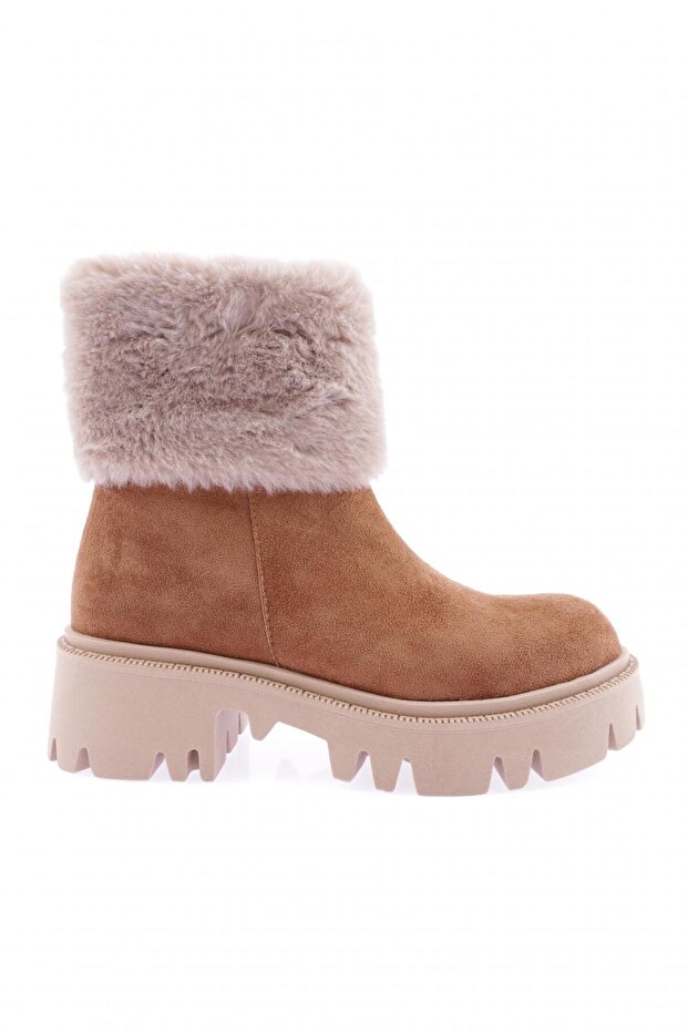 Women's Zippered Fur Detailed Boots Brown Suede 331412682