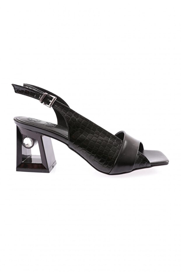 Black Croco Patent Leather Strappy Women's Heeled Sandals - 72321033