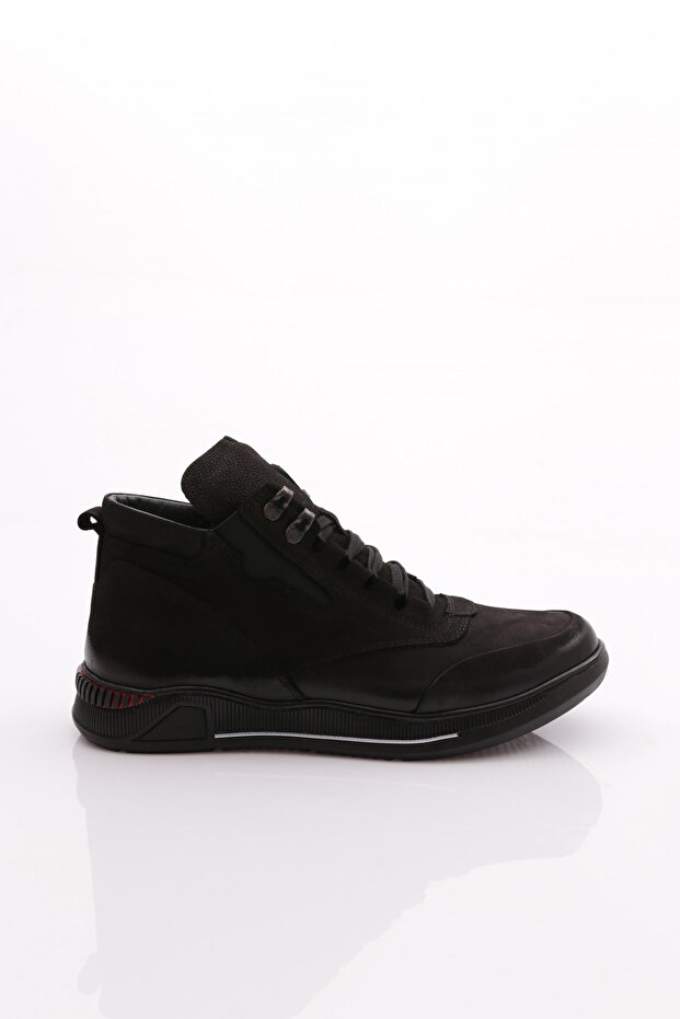 Men's Rubber Detailed Lace up Boots Genuine Leather Black Nubuck 313723210