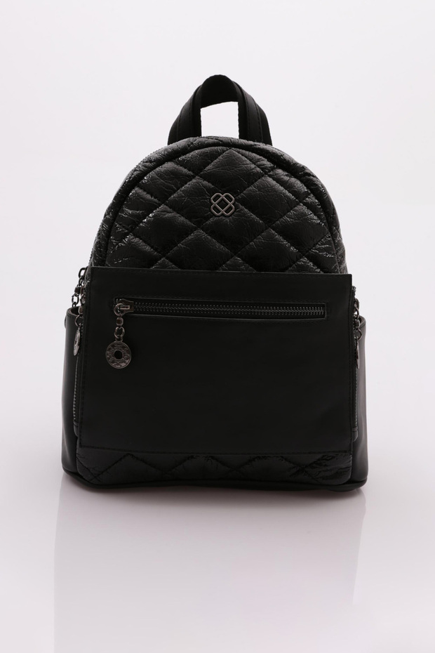 Black Patent Leather Women's Backpack with Zipper - 1262856