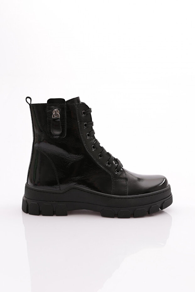 Women's Zipper Detailed Lace up Boots Black Patent Leather Genuine Leather 1681123217