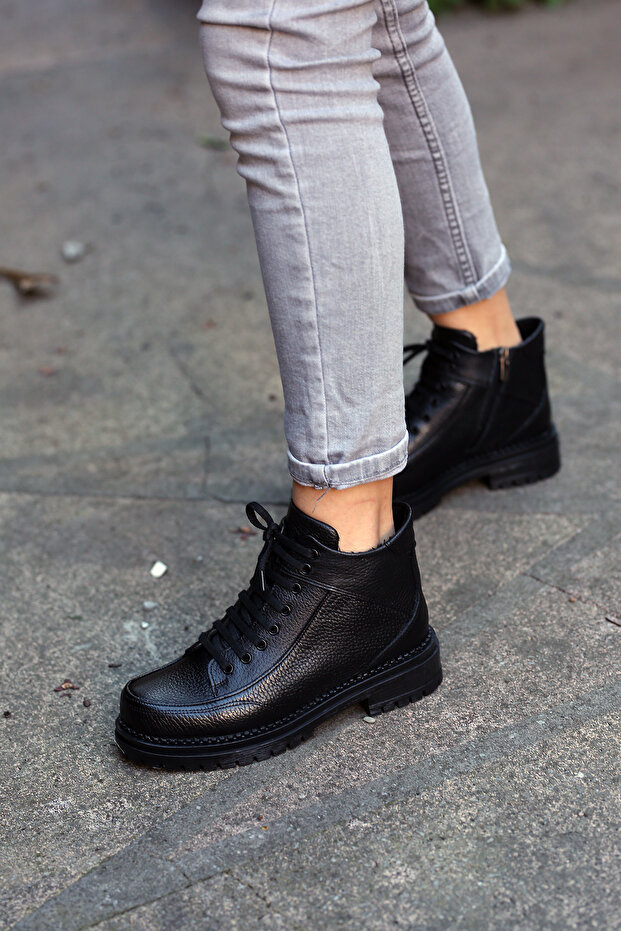 (Velma) Black Genuine Leather Lace-Zippered Ankle Boots
