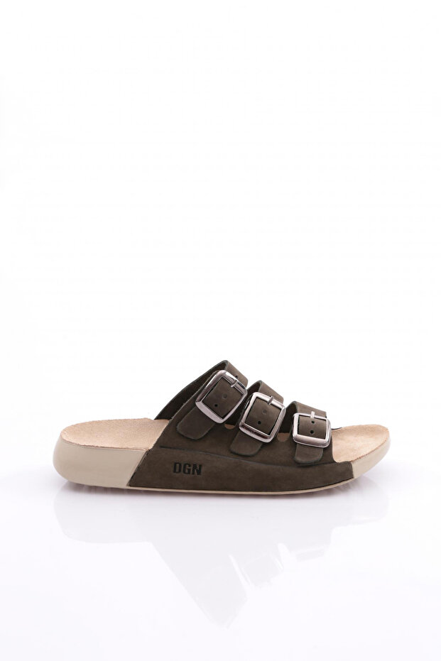 Women's Buckle Three-Strap Slippers Khaki Nubuck 263102623