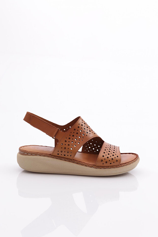 Tan Genuine Leather Women's Sandals - Hole Patterned, Ankle Strap, 4343243