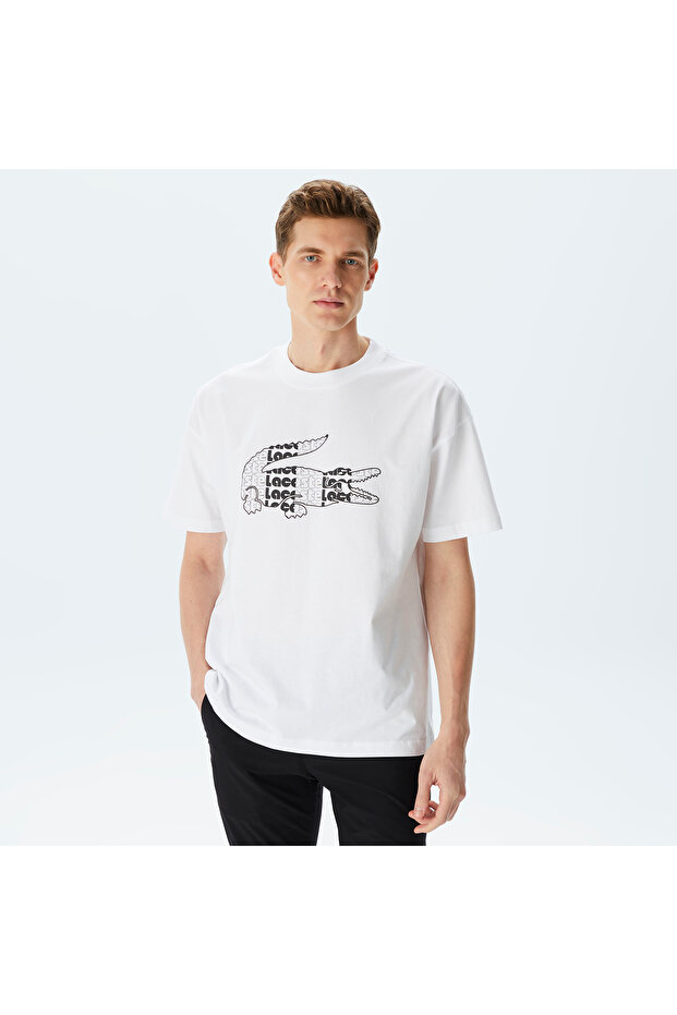 Erkek Relaxed Fit Bisiklet Yaka Baskılı Beyaz T-Shirt - 1